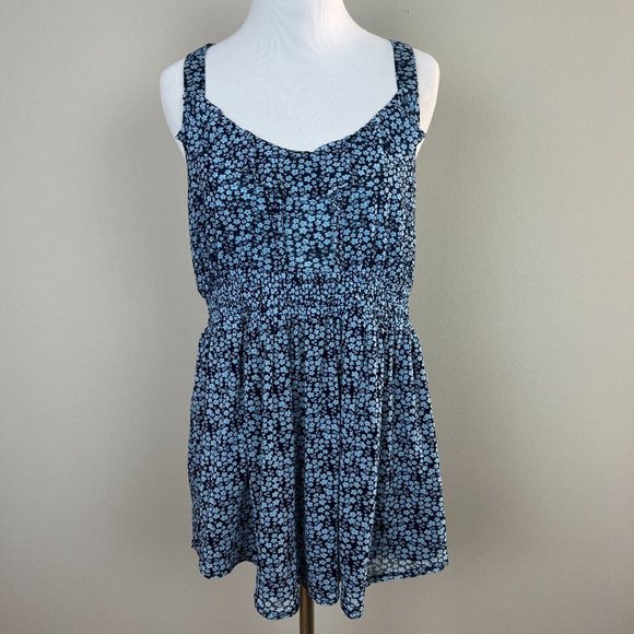 Express Babydoll Tank‎ Top L Blue Navy Mesh Floral Ruffle V-Neck Smocked Waist - Picture 1 of 9